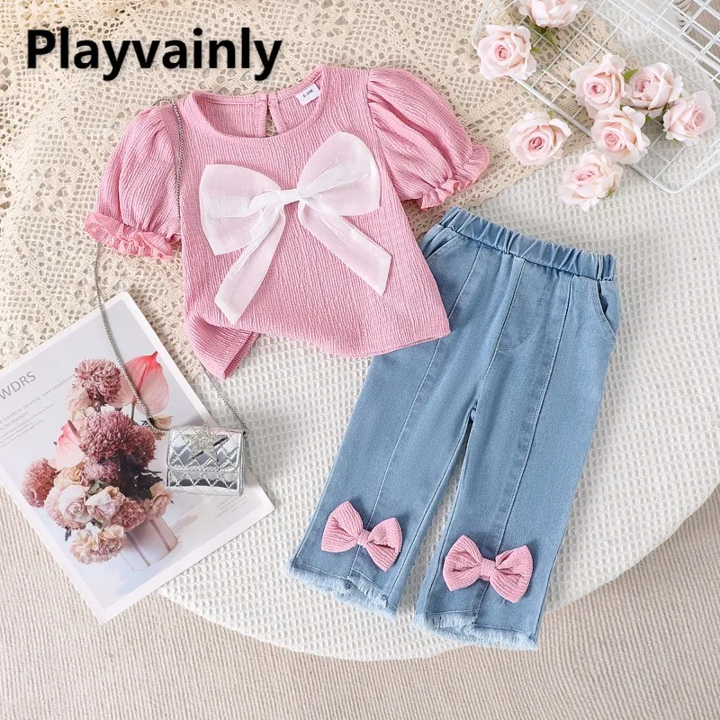 

Новый летний комплект для девочек: розовая футболка с пышными рукавами и большим бантом + свободные прямые джинсы. Модный комплект из 2 предметов для малышей B0215