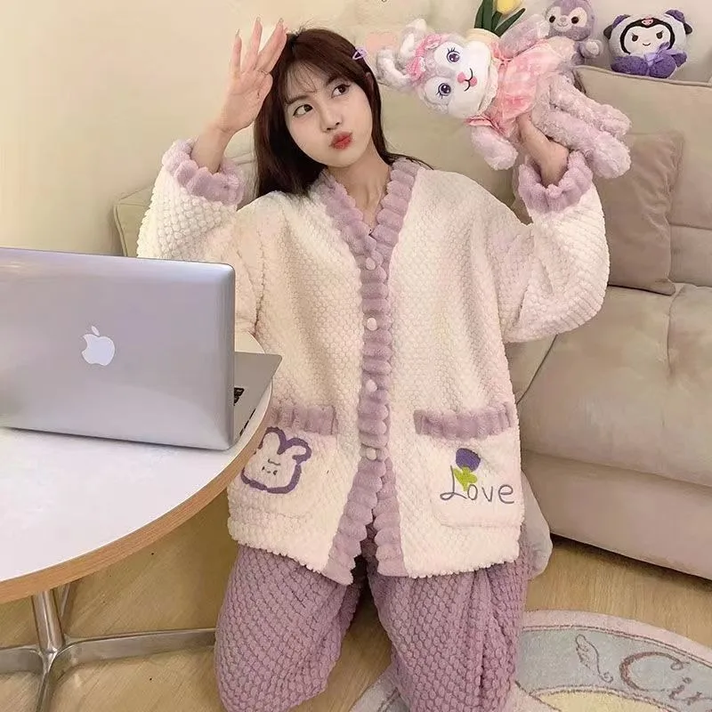 Girls Coral Velvet Pajamas Women Autumn Winter Loungewear 2024 New Thickened Plush Sleepwear Flannel Home Wear Cardigan Set