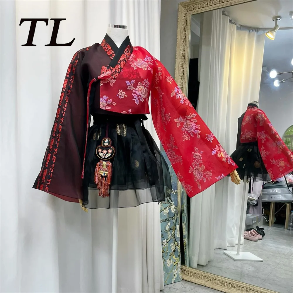 TL 2026 Vintage Black and Red Hanbok Korean Performance Dress Full Sleeves Jacket Spaghetti Straps Top Mini Skirt Customized