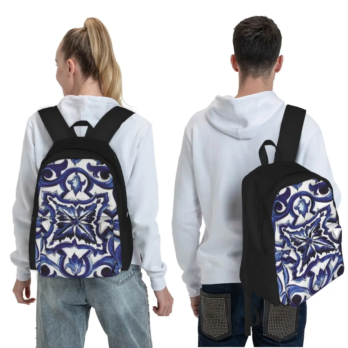 Blue Ornate Floral Mediterranean Sicilian Tile Student Backpack School Bag for Boys Girls Fashion Bookbag Shoulder Bags