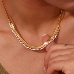 E.B.belle Latest Chain AAA Cubic Zirconia Herringbone Chain Choker Necklace Stainless Steel Gold Plated Necklaces For Women