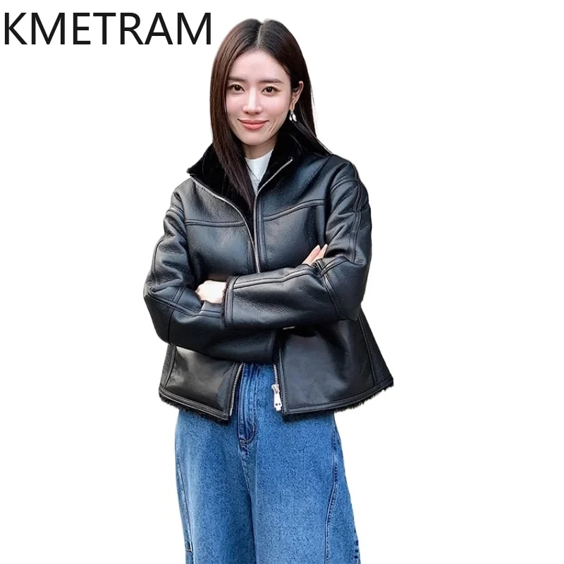 

Женская двусторонняя меховая куртка из 100% мериносовой шерсти из овчины, черная двусторонняя шуба из натурального меха, зимняя женская одежда 2029, шуба женская