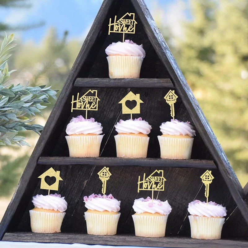 YOMDID 24 Stück Sweet Home Kuchendekorationen aus Bambus für Einweihungspartys, Cupcake-Dekorationen mit 'Sweet Home' Haus- und Schlüssel-Designs – Detail 11