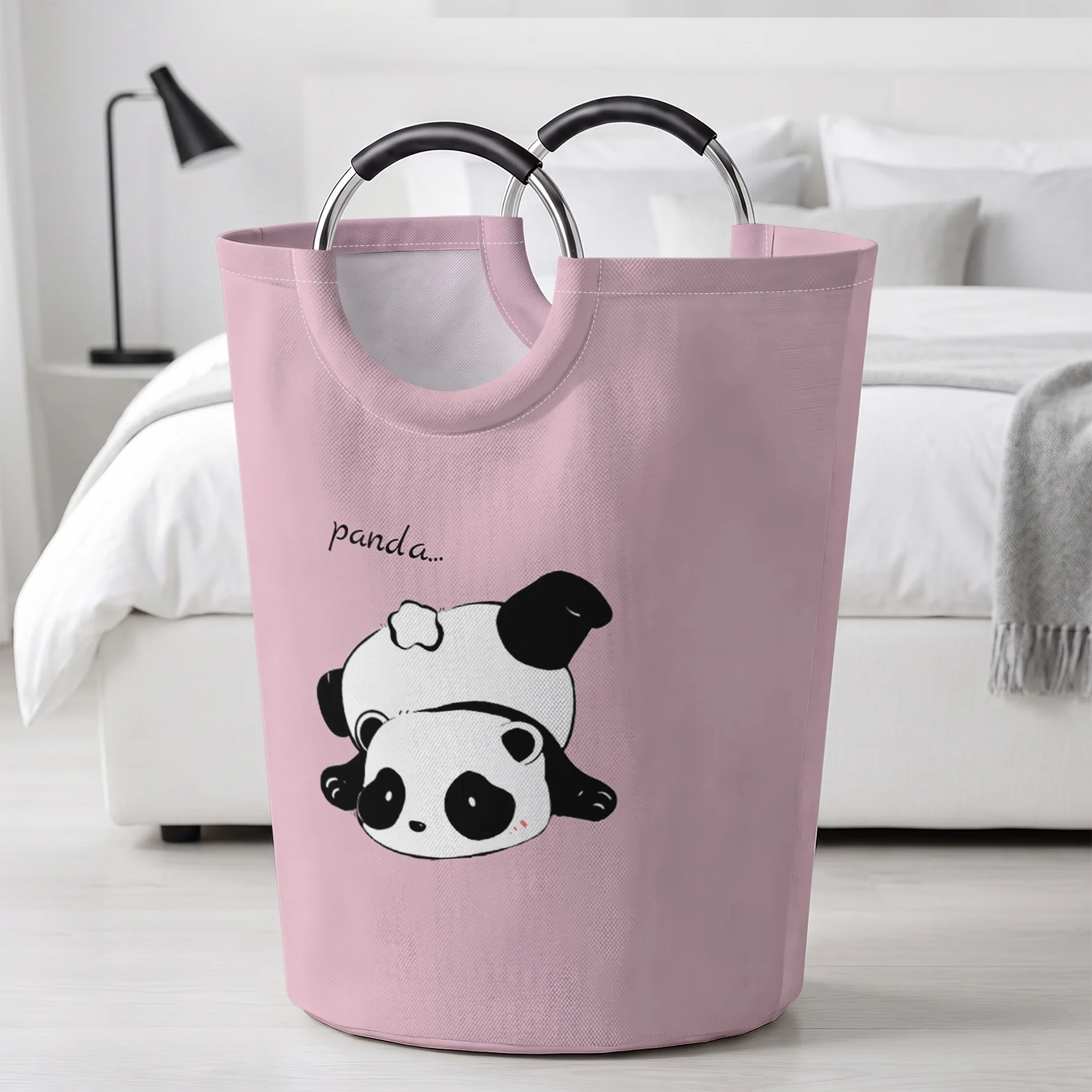 Cute Playful Panda Print Handheld Storage Basket On Light Pink Background, For Laundry, Bedroom & Home Sundries Storage