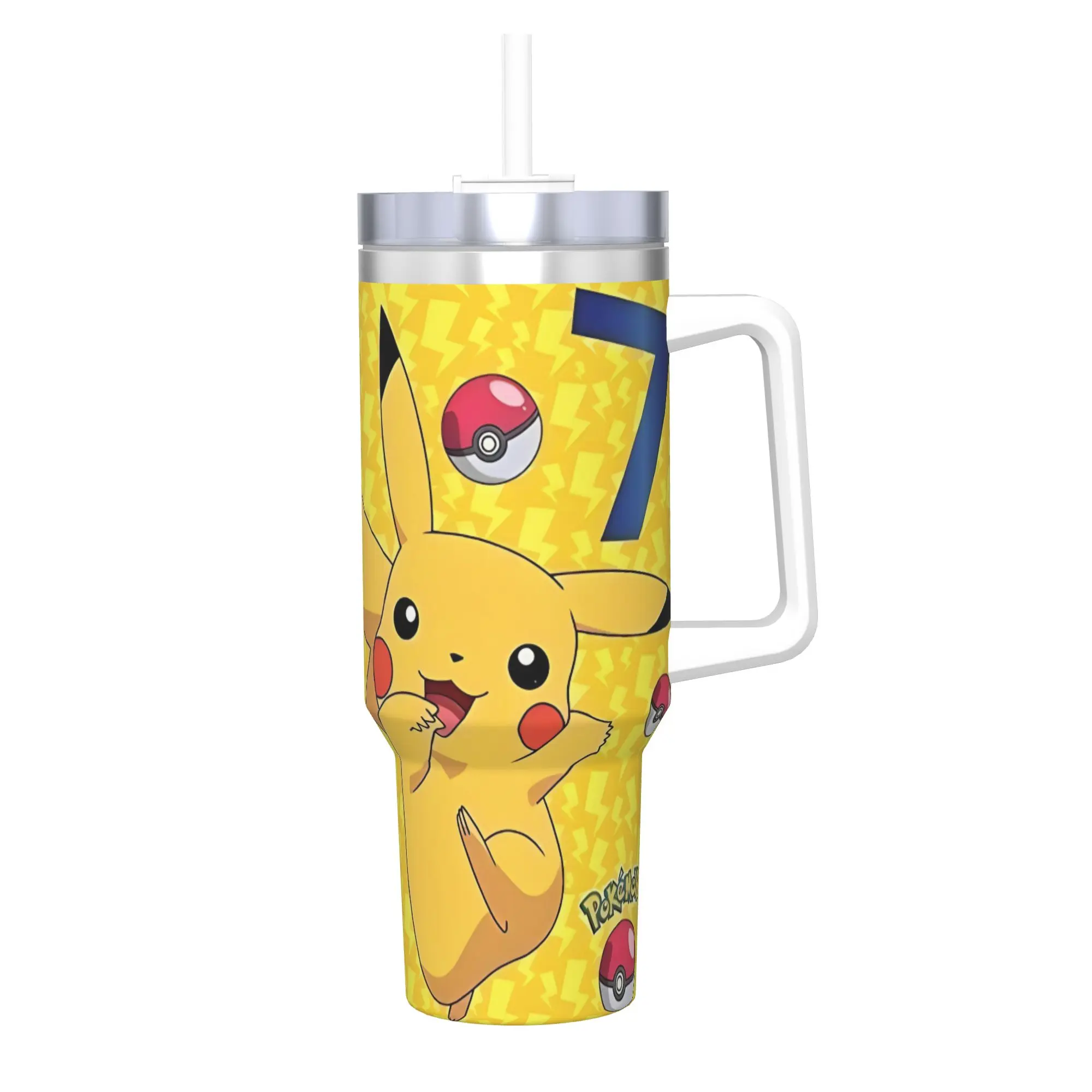 

Cute Happy Pikachu Tumbler Vacuum Insulated Poke-mon Coffee Cups Stainless Steel Smoothie Tea Mug Hot Cold Drink, 40oz