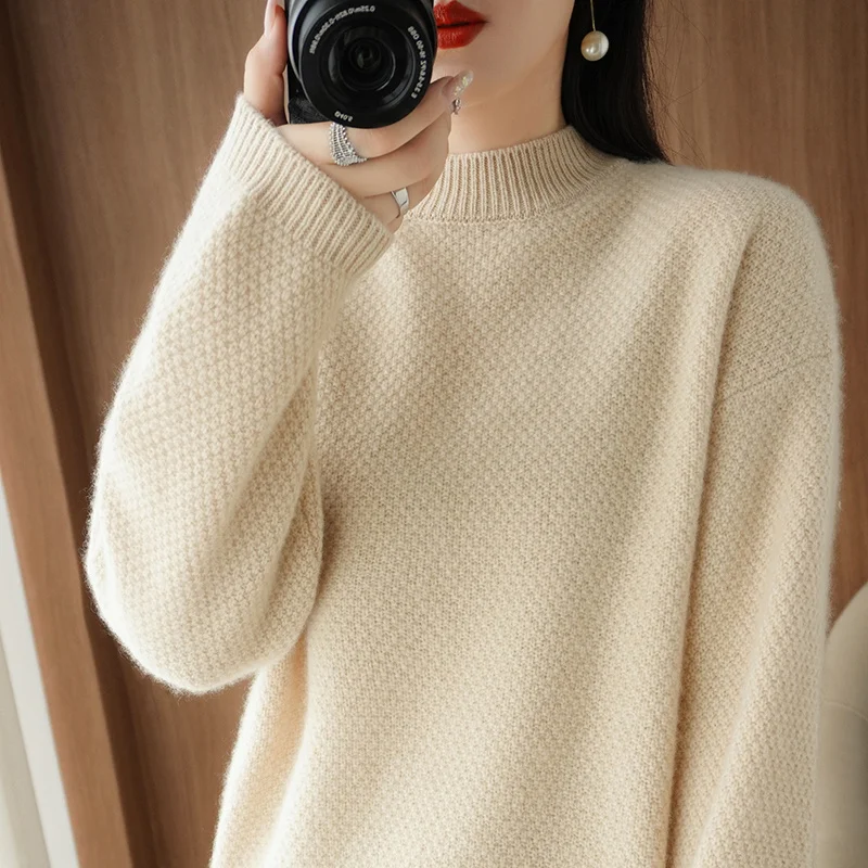 

100% Goat Cashmere Knitted Jumpers LOOSE Thickening Sweaters Women Mock Neck Soft Warm Pullover Hot Sale Female Clothes WL01