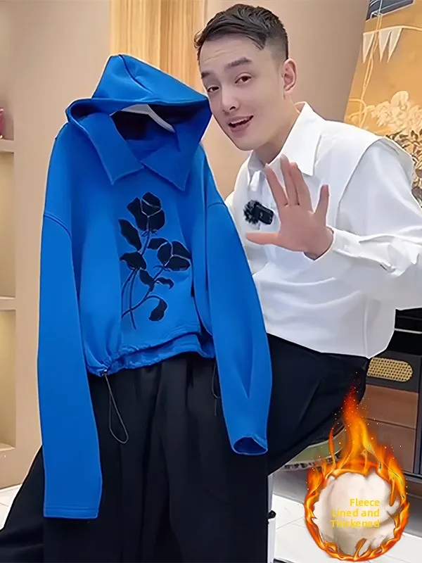 

Синяя женская толстовка с капюшоном, утепленная флисом, короткий рукав, корейский стиль, маленький размер, модный топ с завязками, весна-осень