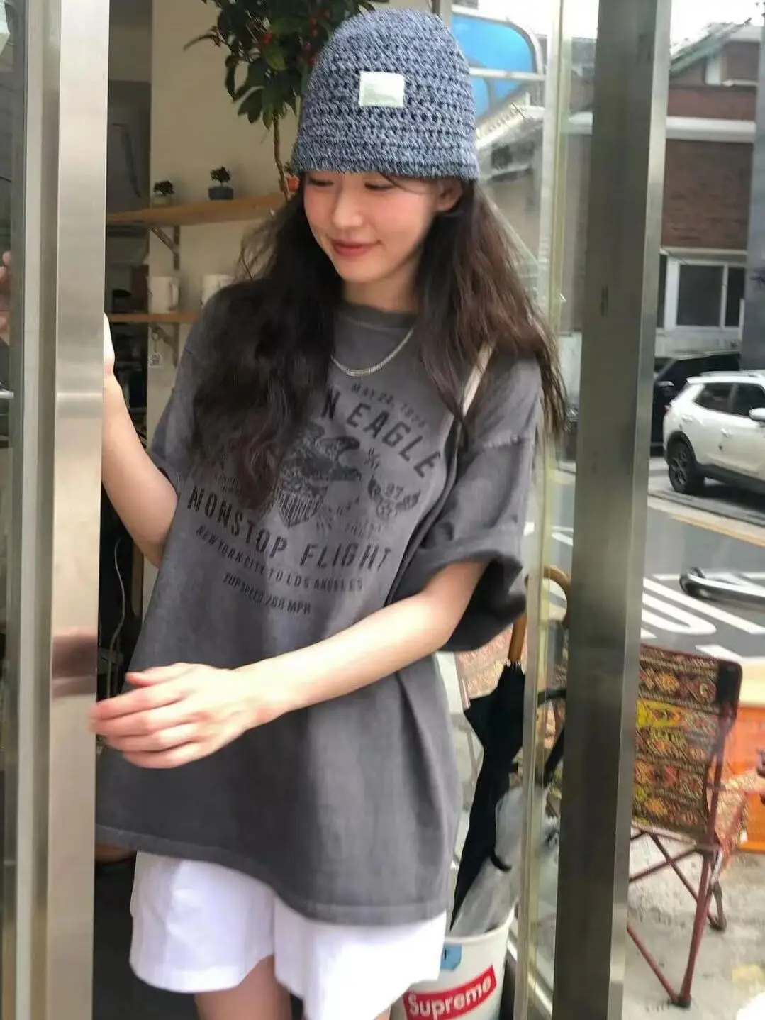 New Summer Grey Pure Cotton Letter Print Thin Ins T-shirt Loose Wide Fit Butt Covering Unisex Basic round Neck Short Sleeve
