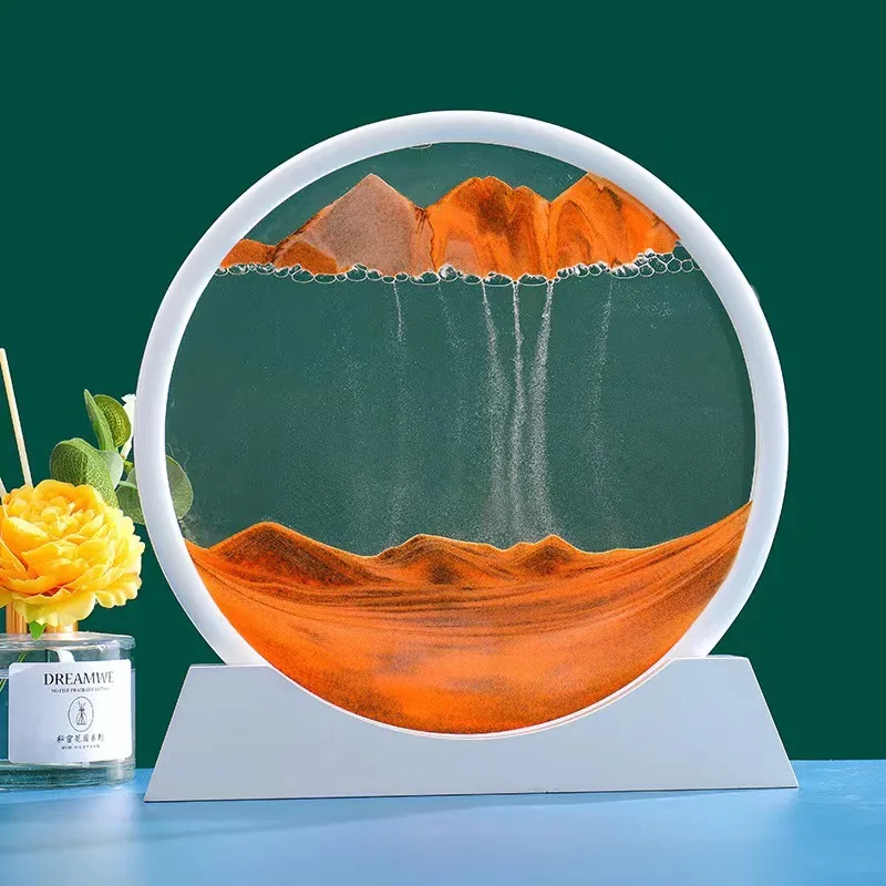Vetro rotondo 3D Deep Sea Sandscape Moving Sand Art Picture In Motion Display Flowing Sand Frame Sand Paintin Desktop Art Picture
