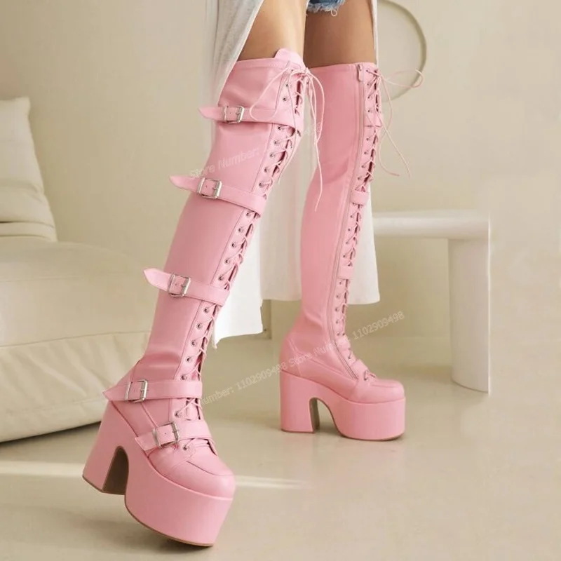 

Pink Cross Tied Knee High Boots Strappy Decor Platform Round Toe Shoes for Women Chunky Heels Shoes 2023 Zapatos Para Mujere