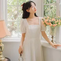 Elegant French Style Women's Dress 2023 New Summer Square Collar Puff Sleeves White Dress Slimming Short Sleeves Fashion