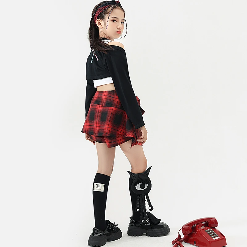 Kids Hip Hop Clothing Teenage Showing Outfit Crop Tops Tank Vest Checkered Mini Skirt For Girls Dance Costume Children Clothes