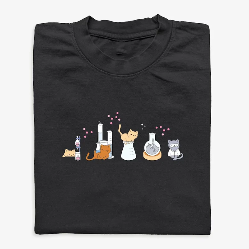 Women's T-shirt with Cartoon Cat and Dog Designs Themed Around Science Experiments and Animals Casual Shortsleeved Crew Neck Top