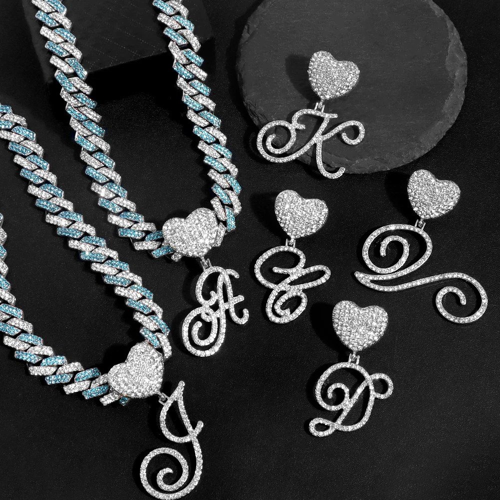 New Blue Mouth Cursive Initial Pendant Necklace Iced Out Prong Cuban Chain Cursive Letter Necklace For Women Men Trendy Jewelry