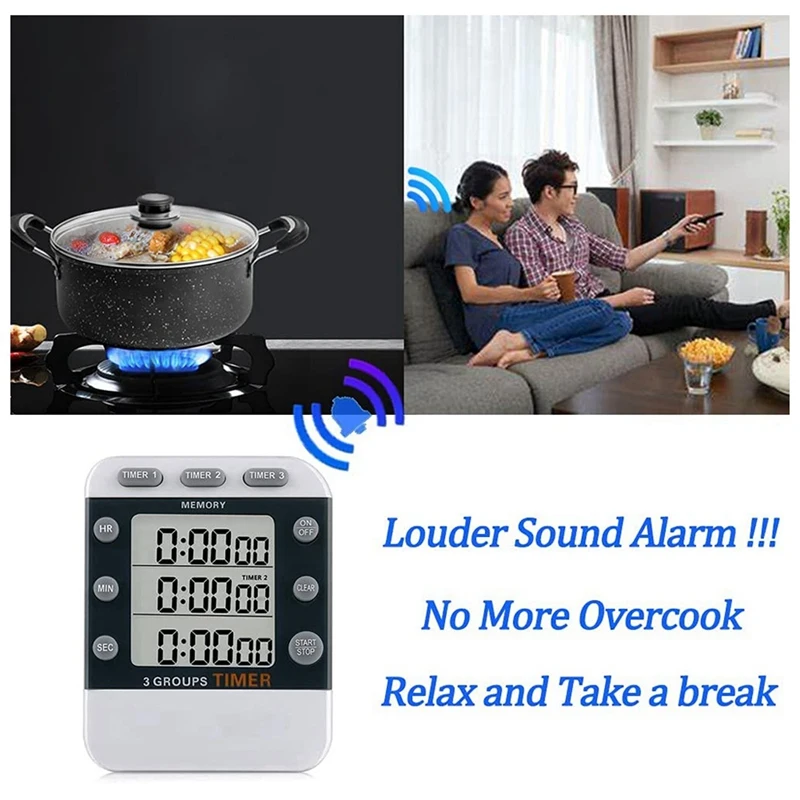 2X Digital Dual Kitchen Timer, 3 Channels Count UP/Down Timer, Triple Cooking Timer, Large Display, Loud Volume Alarm