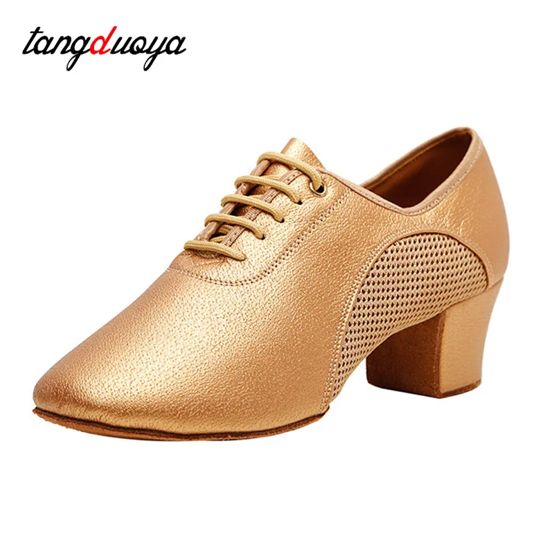 Zapatos dorados de baile latino para mujer, zapatillas de cuero con malla, suelas de goma suave, tacones altos, baile moderno