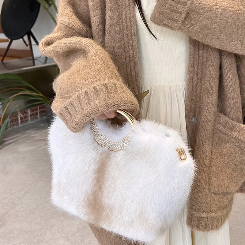 New Women's Handbag Natural Mink Hair Korean Edition Fashionable And Advanced Water Diamond Shoulder Bag Large Capacity Tote Bag