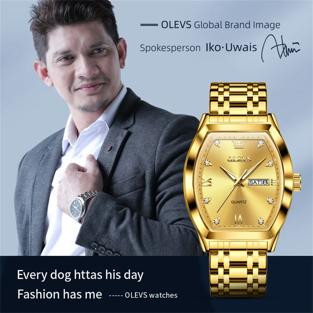 OLEVS 5528 Mens Watch luxury Golden Stainless steel Brand Quartz Watch Waterproof Luminous Dual calendar high-end Reloj