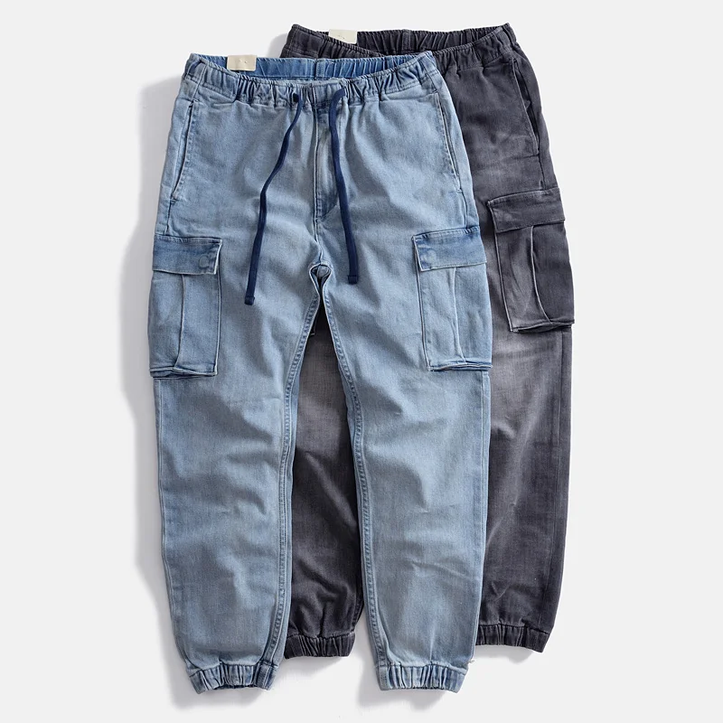 

Retro Waed Cuffed Denim Jeans Men's Loose Multi-ket Workwear Pants Elastic Waist Slim Casual Trousers Autumn Heavyweight