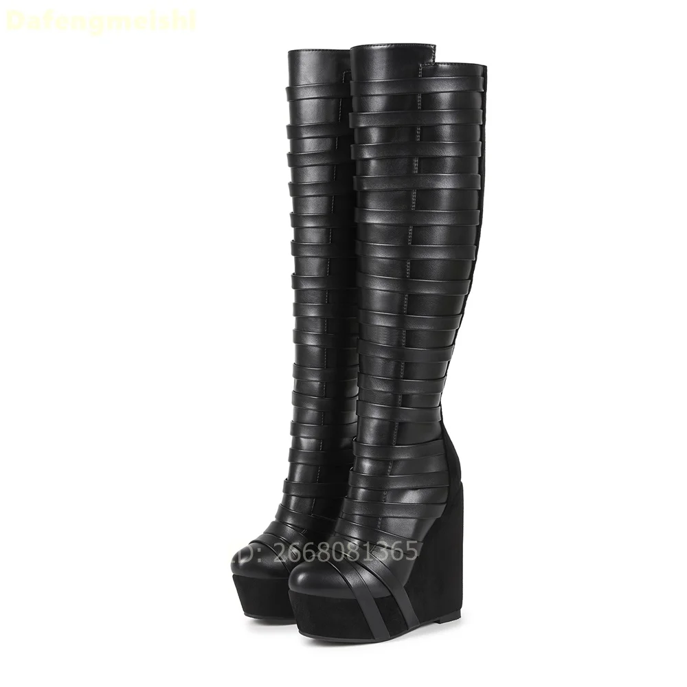 

Women Black Bandage Design Platform Wedge Heel Knee High Boots Gothic Punk Streetwear High Heel Shoes Boots Size 35-46