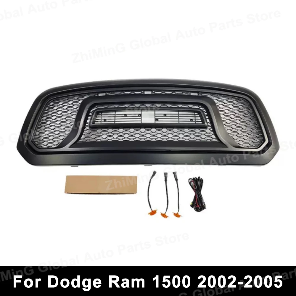 Parrilla delantera con luz compatible con Dodge Ram 1500 2002-2005, modificación de estilo panal para parrilla de carreras