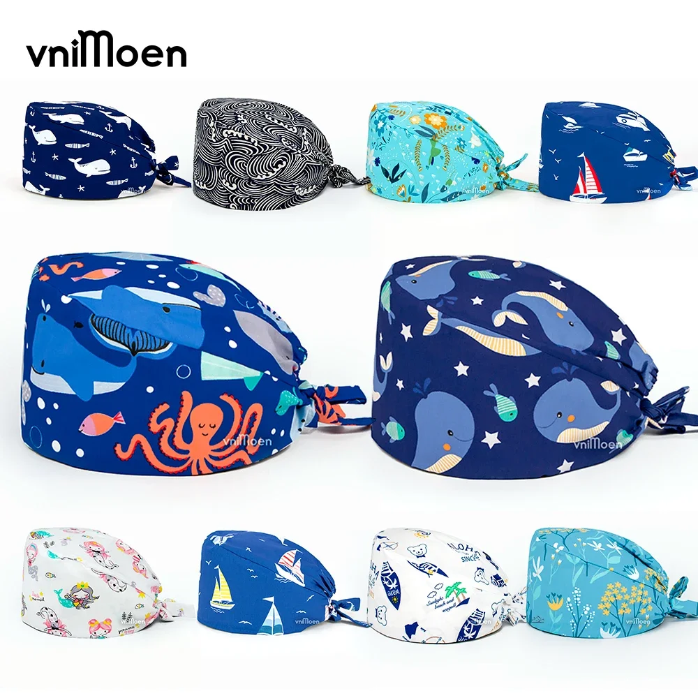 Gorro quirúrgico con estampado de océano y ballena, toalla absorbente de sudor de algodón puro para médico y enfermera, cubierta de cabeza para salón de belleza, venta al por mayor