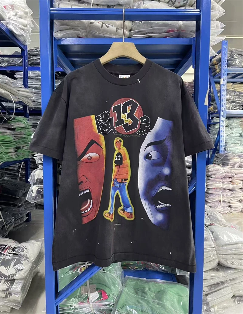 SAINT New Japanese Street Fashion Brand Washed Vintage T shirt High-quality Portrait  Pattern Printing Men's Short Sleeves