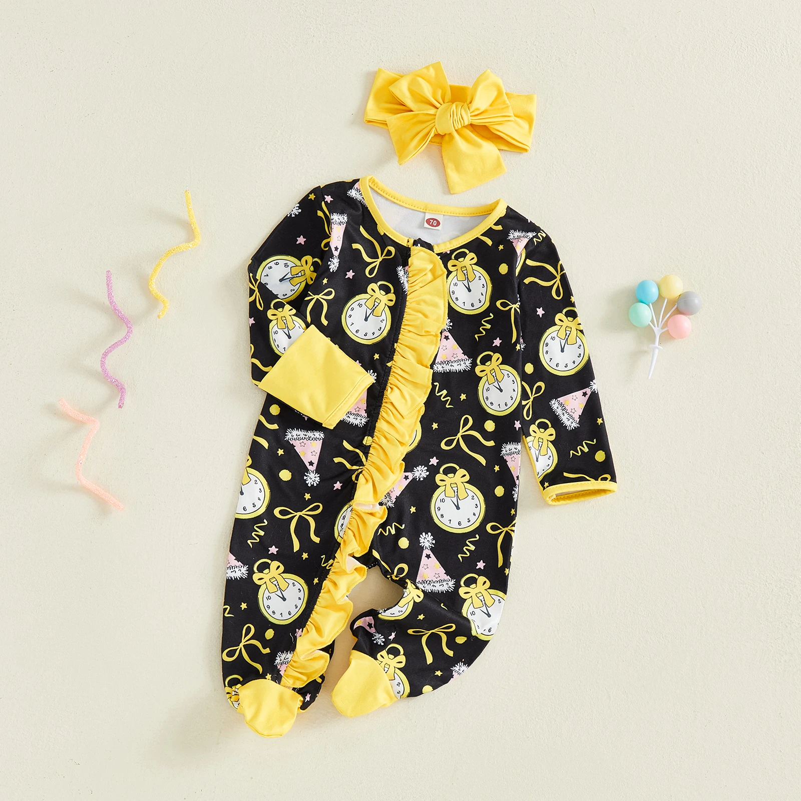 طفل الفتيات جديد السروال القصير الزي طويلة الأكمام ساعة طباعة الرتوش مضغوط القدم بذلة عقال ملابس السنة الجديدة الأولى