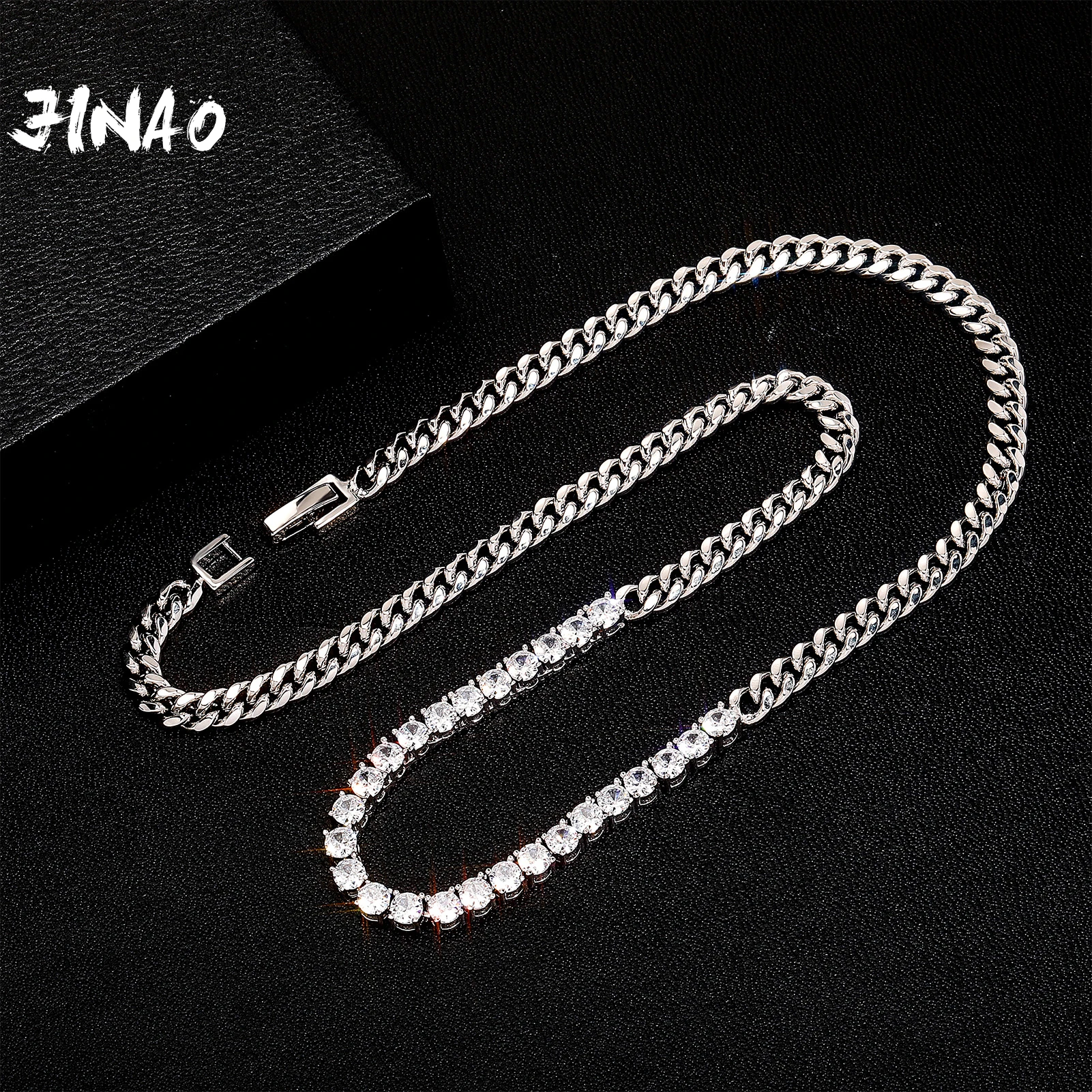 

JINAO 2022 NEW Stitching Choker European and American Style High Quality Ice Cravejado AAA+ CZ 4mm Tennis chain+5mm Cuban Chain