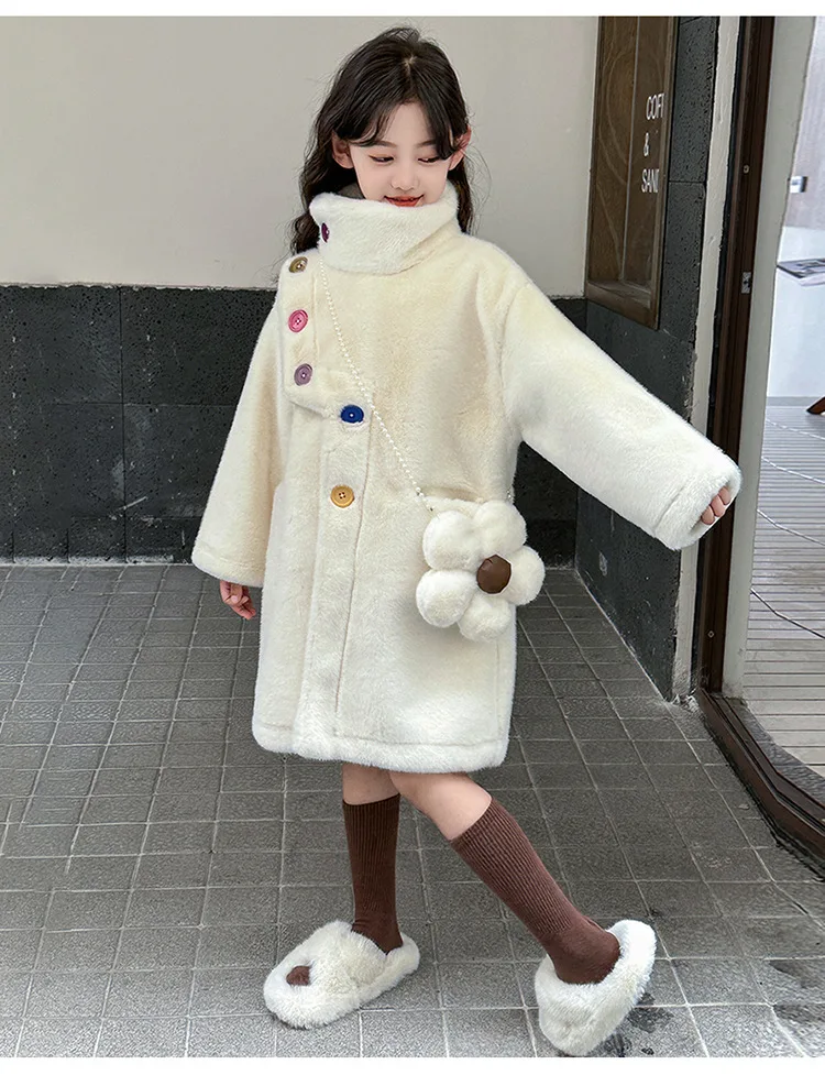 Long Sleeves Mink-like Velvet Coat Grils Children Autumn Winter New Fashionable Thickened Colorful Button Furry Fur Coat