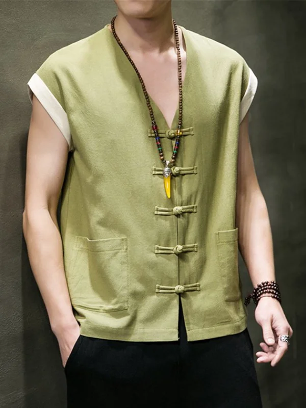 

Легкий хлопково-льняной жилет мужской, в китайском стиле, на пуговицах, дышащий, свободный крой, большие размеры, с вентиляцией, с наплечниками