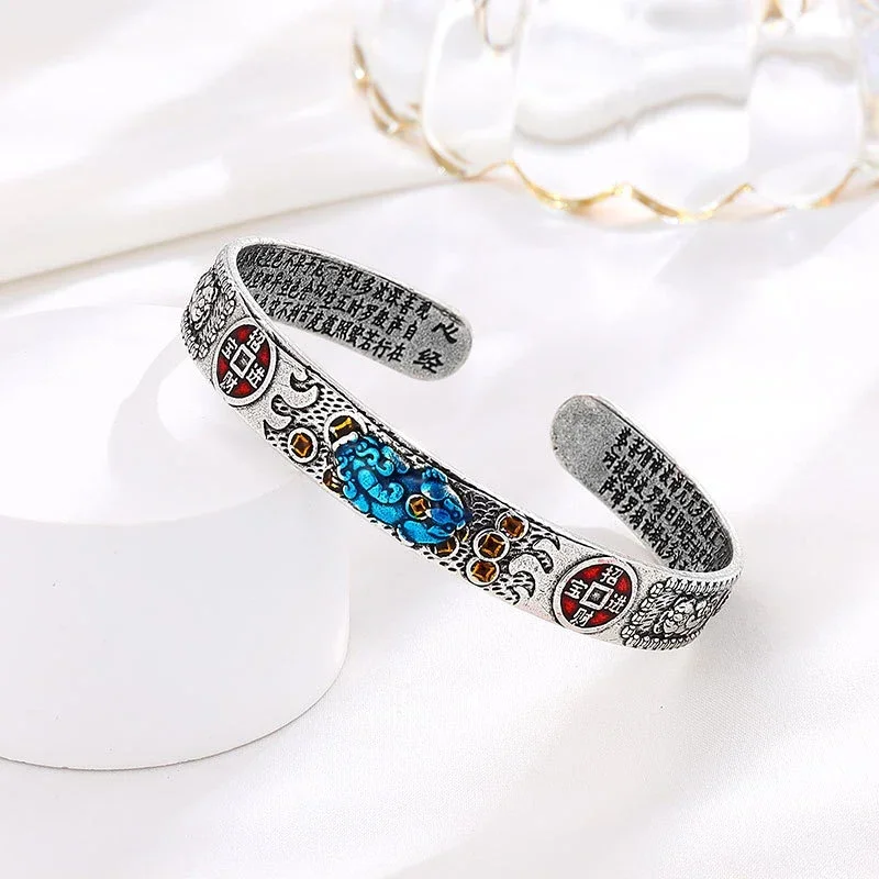 925 Thai Silver Classic Colorful Enamel Pixiu Men Bracelet Simple Charms Chinese Style Vintage Bangles for Women Banquet Jewelry