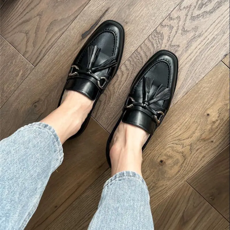 Meotina INS  ZA Women Loafers Genuine Leather Flat Shoes Metal Decoration Tassel Round Toe Lady Footwear Spring Autumn Black 43