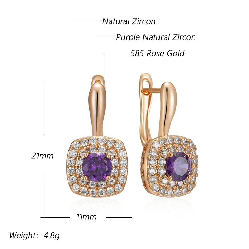 Wbmqda Luxury Purple Women\'s Drop Earrings 585 Rose Gold Color Full Stones Setting Shiny Wedding Party Fine Jewelry