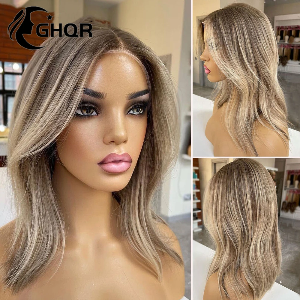 Peluca Frontal de encaje rubio ceniza corto para mujer, cabello humano Marrón resaltado, peluca Frontal de encaje transparente HD, peluca de encaje completo 360