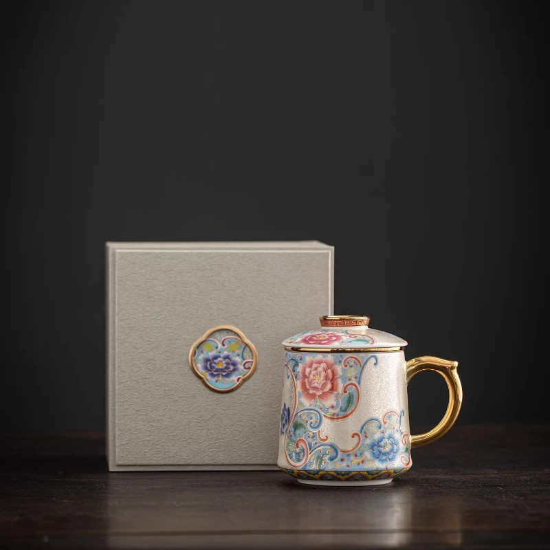 LMM high-grade silver filament enamel color tea cup personal ceramic tea separation cup with lid