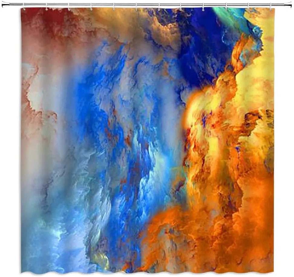 Colorful Shower Curtains with Hooks, Abstract Cloud, Smoke, Mysterious, Outer Space, Landscape, Blue, Orange, Bathroom Decor Set