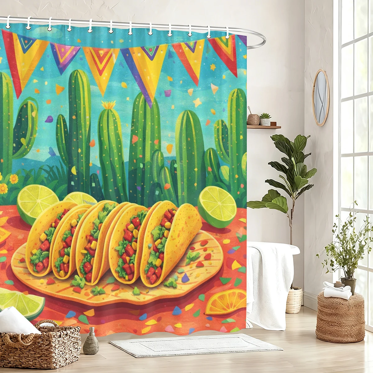 

Vibrant Themed Polyester Shower Curtain - Eye-catching Bathroom Decor with Fun Cultural & Food-inspired Prints