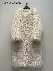 Kuzuwata Advanced Trend O Neck Mid-length Mujer Fur Loose Slim Soft Warm Hairy Women Clothing Japan Elegant Luxury Harajuku Coat