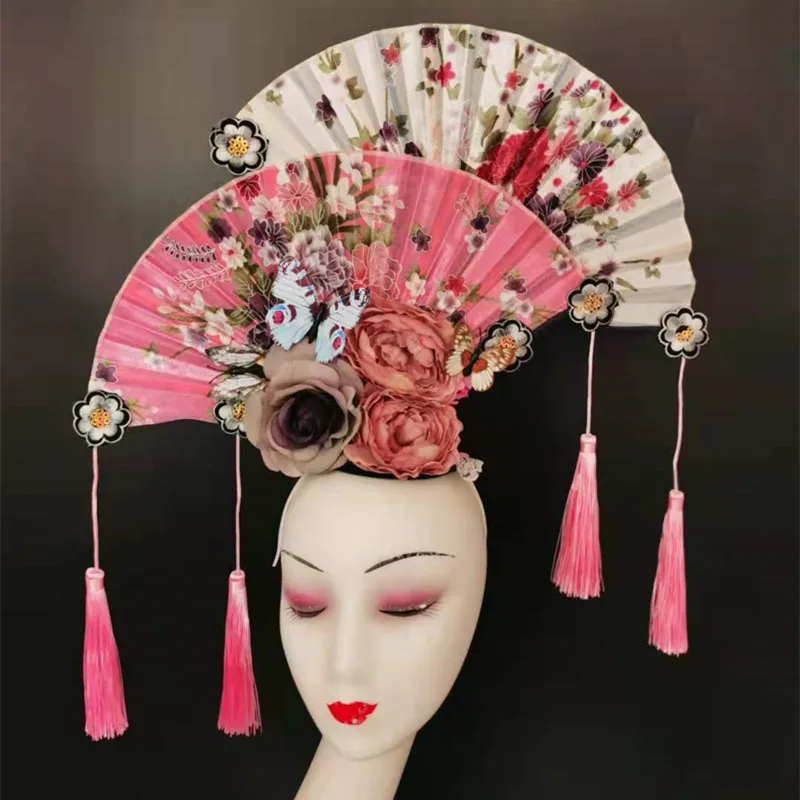 Original Chinese Style Model Stage Show Makeup Fan Flower Tassel Creative Headwear Classical Dance Fan Tassel Creative Headwear