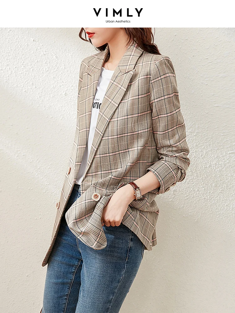 VIMLY Elegant Plaid Blazer for Women 2024 Spring Fashion Notched Double-breasted Jacket Ladies Suit Coat Female Clothes F6208