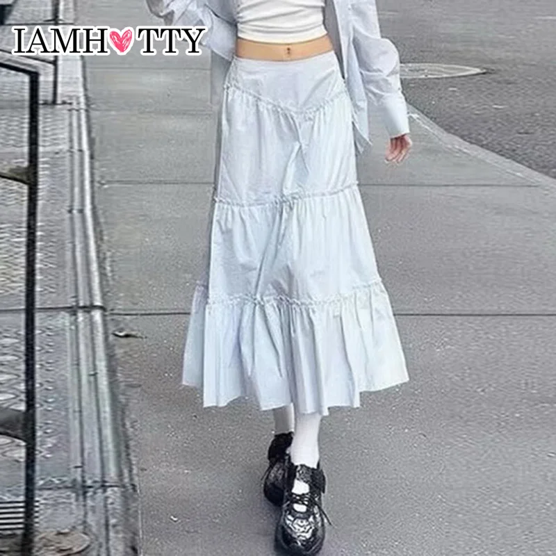 IAMHOTTY Fairycore Floral Edge A-line Long Skirt White Coquette Aesthetic Skirts Y2K Holiday Party Casual Outfit Sweet Skirts