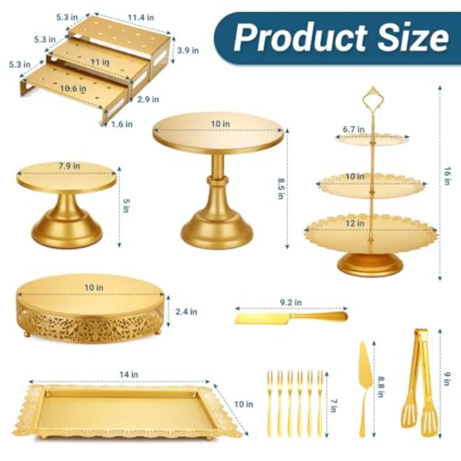 Wedding birthday party dessert table display set: metal gold cake stands, cupcake tower, dessert tray, risers, cake cutting set