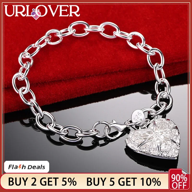 

URLOVER 925 Stamp Silver Color Heart Photo Frame Pendant Bracelets For Woman Chain Wedding Party Birthday Gift Fashion Jewelry