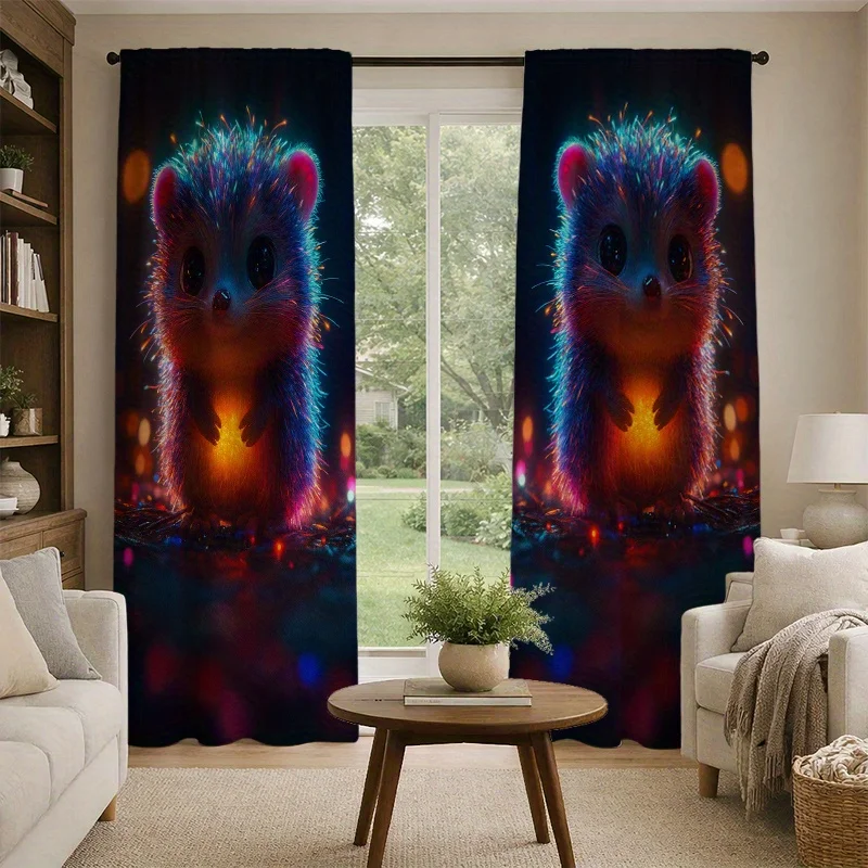 Hedgehog Curtains, Fantasy Animal Print Window Drapes, Colorful Light Effect Decor, Blackout Fabric for Kids Room Bedroom Home