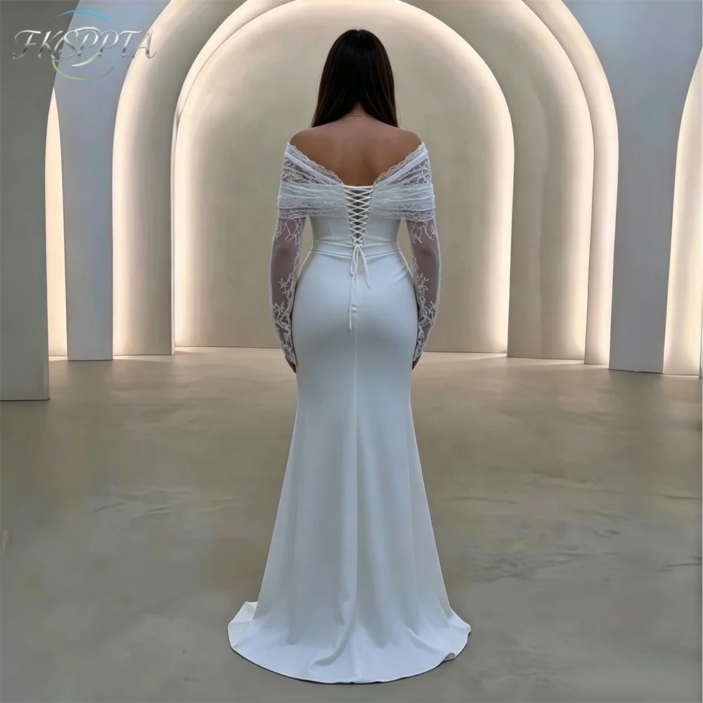 Elegant White Mermaid Wedding Dress Off The Shoulder Lace Full Sleeves Corset Back Maxi Bridal Gowns For Wedding Robe De Mariee