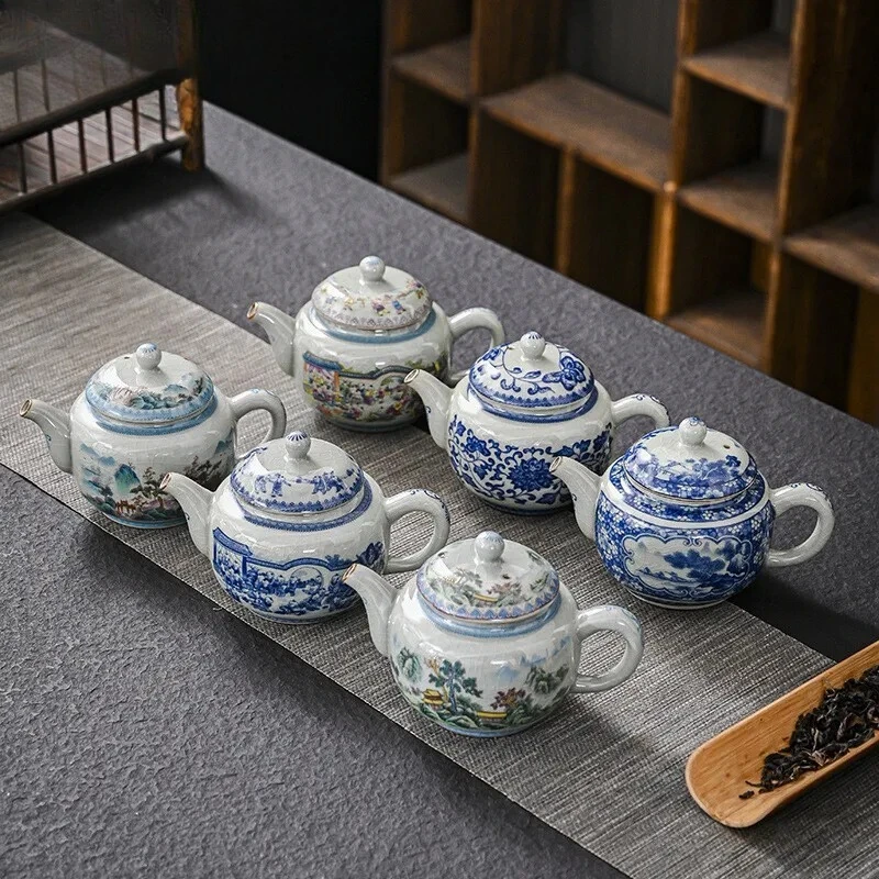 250ml Blue and White Porcelain Handmade Teapot Household Thousands of Miles Teapot Jingdezhen Pot Tea Making Kettle Teaset Gifts