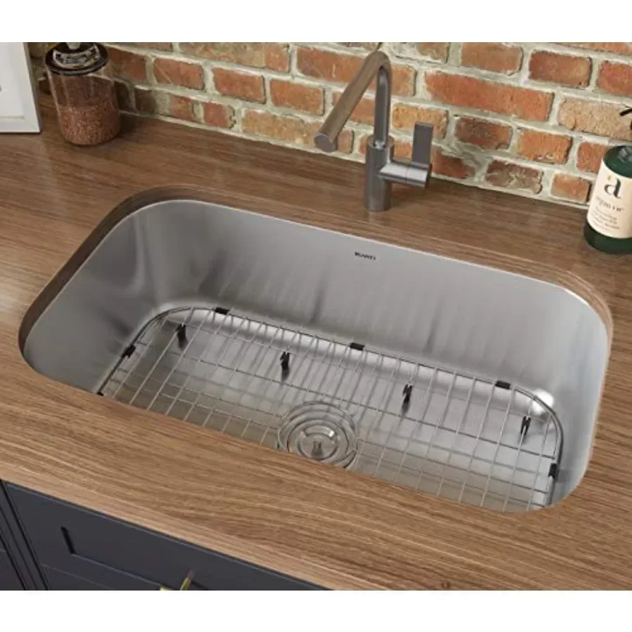 Undermount kitchen sink for residential use, 16-gauge stainless steel, brushed nickel finish, corrosion-resistant and sound-dam