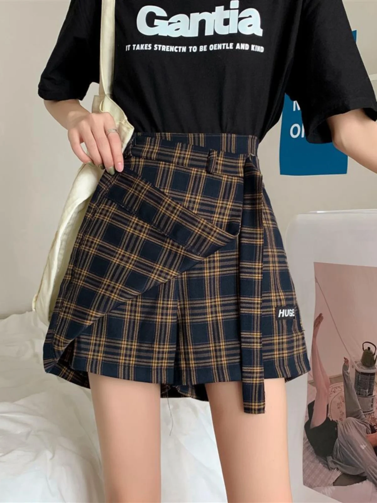 Spring Autumn plus Size Plaid A-Line Skirt Women's Frock Korean Style High Waist Short Skirt Trendy Ins Wide Leg Pants
