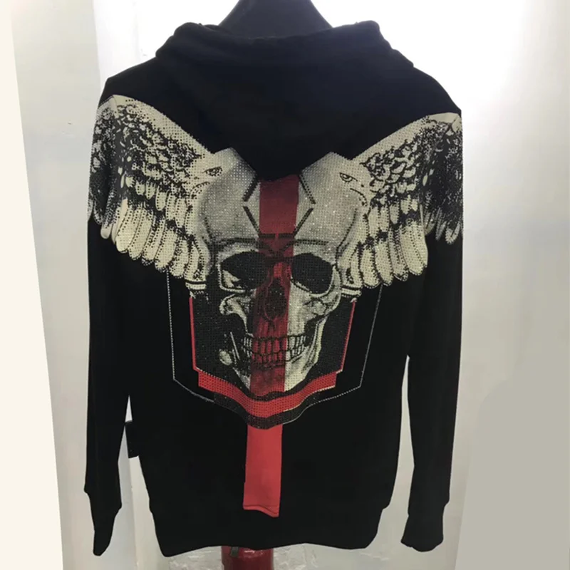 Men new pure cotton sweater skull head wings diamond fashion autumn and winter coat zipper hip-hop hooded slim jacket ins Luxury